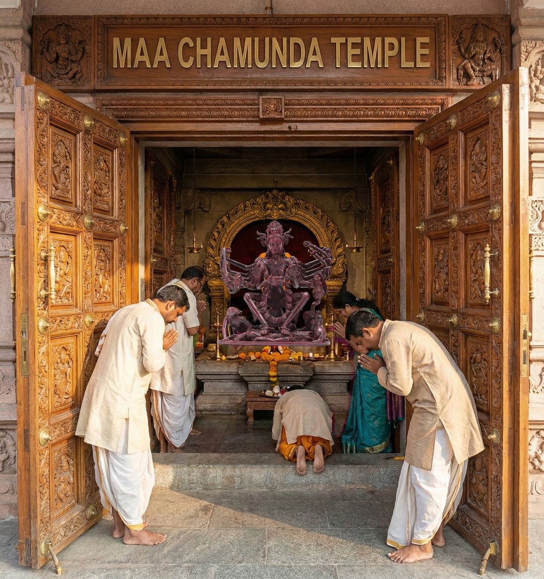 Darshan of The Divine Vigraha Of The Divine Mother Maa Chamunda, Enshrined beyond the Temple doors, the devotees bowed in worship